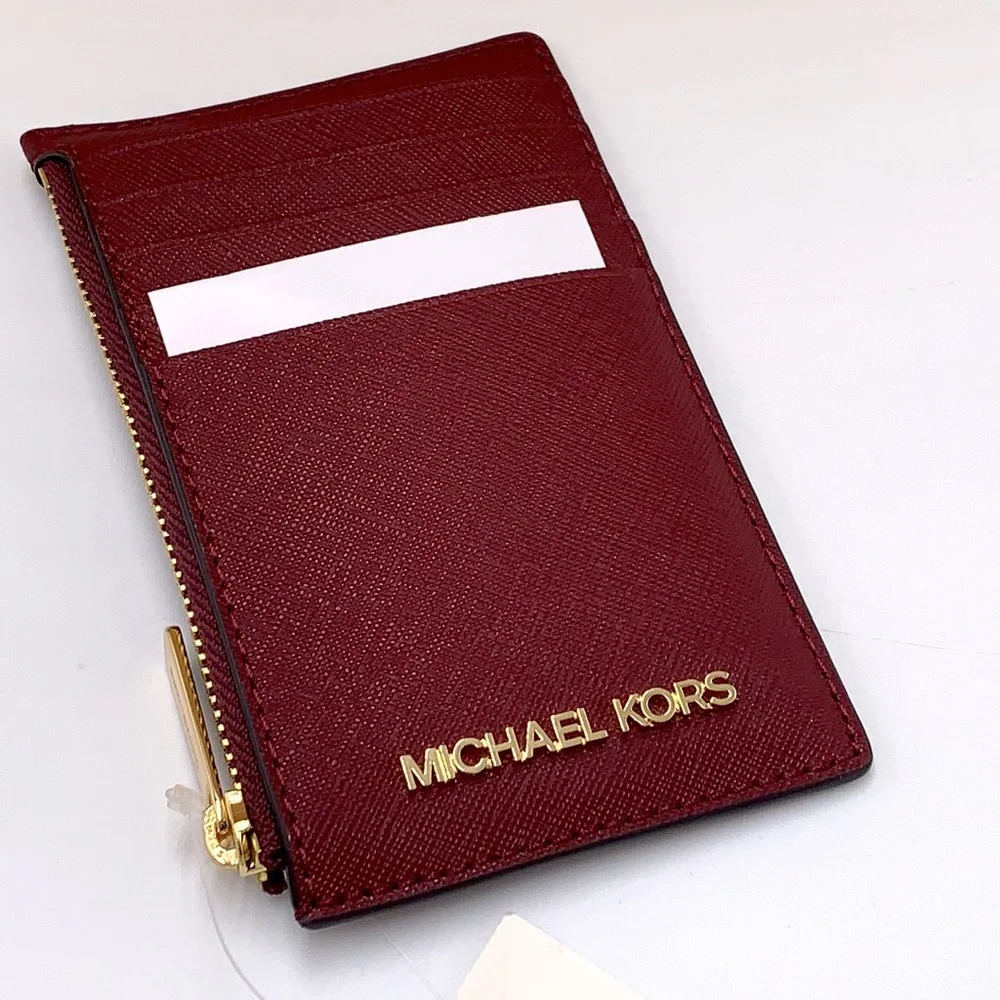 Michael Kors Jet Set Travel Medium Top Zip Card Case Wallet Dark Sherry color